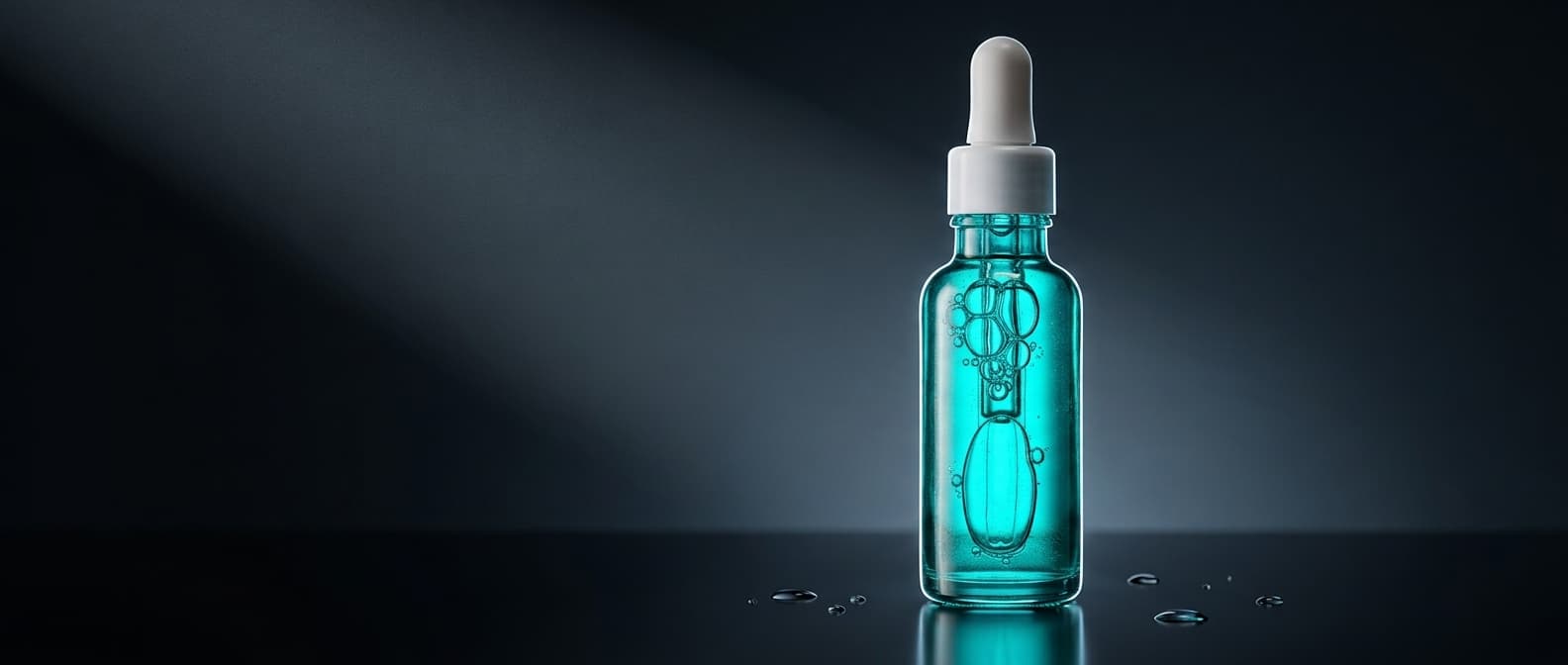 Envase de estudio de Sérum CERUM Aqua Glow con gotas y reflejo